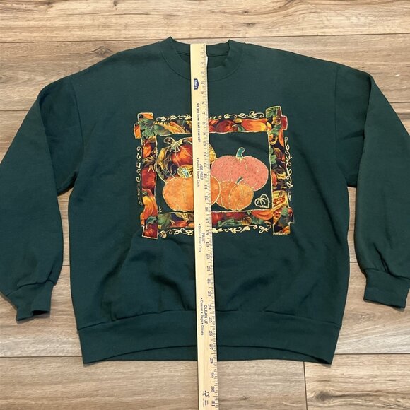 Vintage Jerzees Pumpkin Fall Sweatshirt SZ XL Green Leaves Border Glitter USA - Picture 4 of 11
